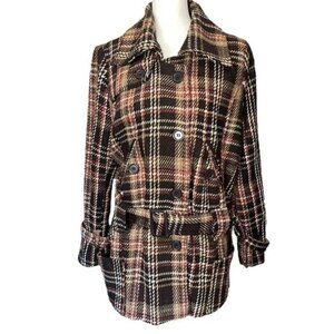 Apollo Plaid Double-Breasted Peacoat Belted Waist Button Details Vintage Womens